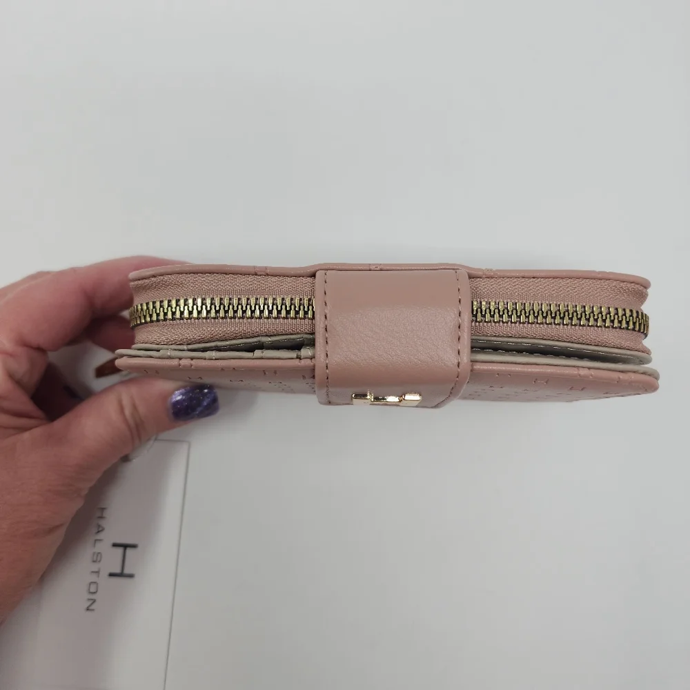 Halston Rose Gold Logo Zip Around and Button Wallet